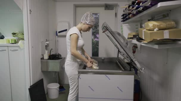 Caucasian Women Working Dairy Farm Production Line Packaging Product Operating — Video Stock