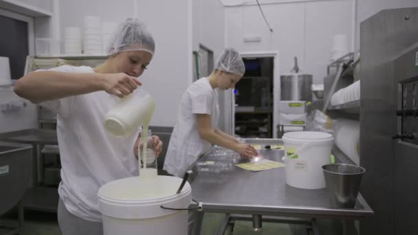 Caucasian Women Working Dairy Farm Production Line Packaging Product Operating — Video Stock