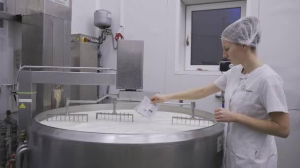 製造ラインの酪農場で働く白人女性 包装製品 牛乳を混合する機械で動作し チーズカードを作る 白地の制服を着た乳業労働者 — ストック動画