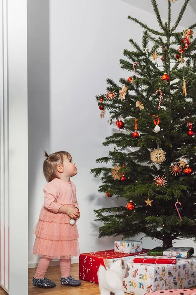 Cheerful Young Girl Toddler Enjoying Some Lollipop While Decorating Christmas — Stock Fotó