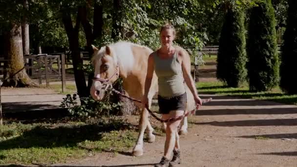 Caucasian Woman Trainer Walking Blonde Horse Ranch Taking Him Ride — Video Stock