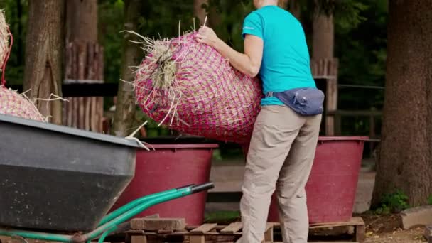 在农场干活的妇女从手推车上卸下干草 — 图库视频影像