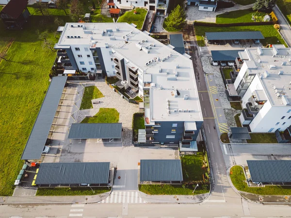 Drone View Aerial Shoot New Build Houses Suburbs Slovenia Somewhere — Foto de Stock