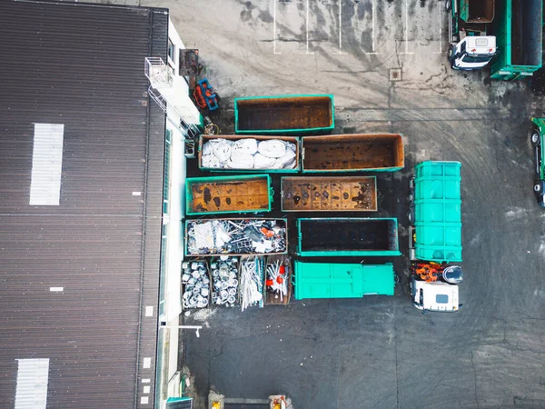 Aerial View Drone Shoot Recycling Center Containers Sorting Out Different — Stockfoto