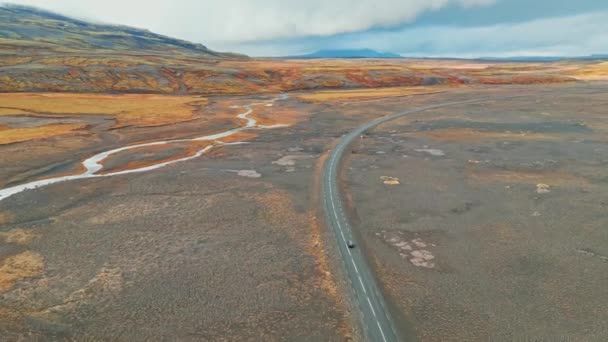 冰岛高地 冰岛大陆某个地方的偏远土路 周围环绕着生机勃勃的绿色灌木丛和火山土地 一辆汽车在石子路上单独行驶 — 图库视频影像