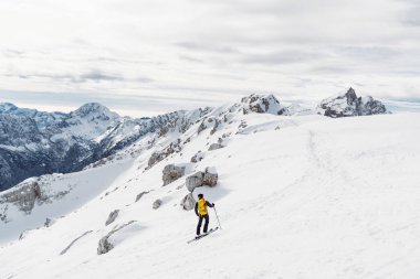 Mountaineer backcountry ski touring in the mountains. Ski touring in high alpine landscape with snowy trees. Adventure winter extreme sport. High quality photo