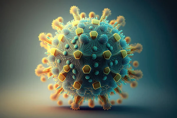 Virus cell under magnification, covid 19, illustration, 3d render. Illustration of colorful 3d cell close up under a microscope.
