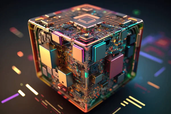 3D render of quantum computer, mechanics, quantum physics, technology, small computer with chips and data board, illustration.