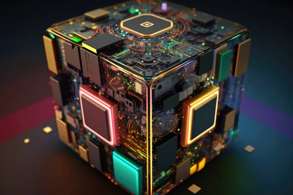 3D render of quantum computer, mechanics, quantum physics, technology, small computer with chips and data board, illustration.