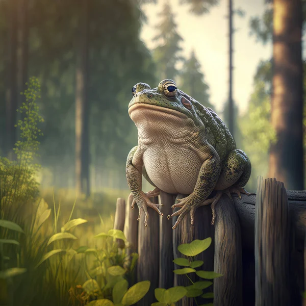 Illustrated 3d frog giant, in a forest, standing on a log, realistic 3d render of a frog in a forest.