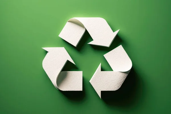 White 3d recycle sign on green background centered.