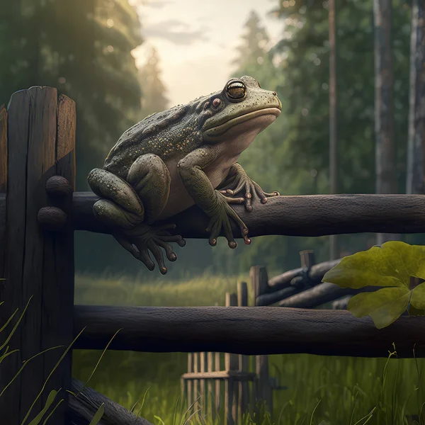 Illustrated 3d frog giant, in a forest, standing on a log, realistic 3d render of a frog in a forest.