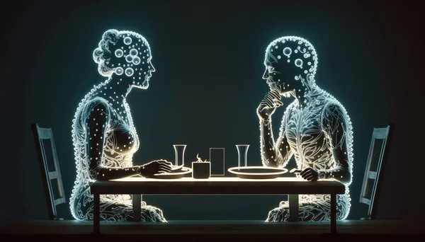 AI. Electronic brain. Neon Silhouette of humans sitting down by the table, artificial intelligence. Cybernetic artificial neural network. Electronic mind. Neuronet, deep machine learning concept. High