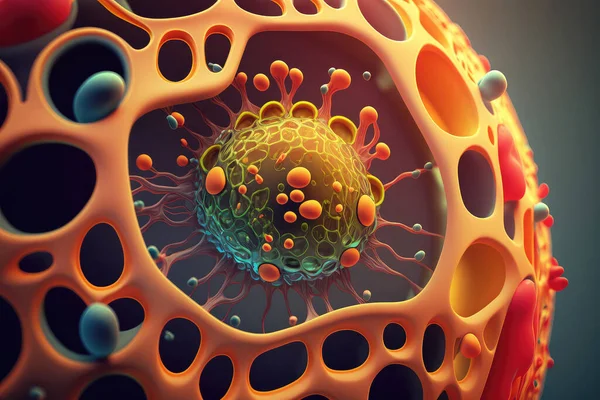 Human cell under magnification, illustration, 3d render. Illustration of colorful 3d cell close up under a microscope.