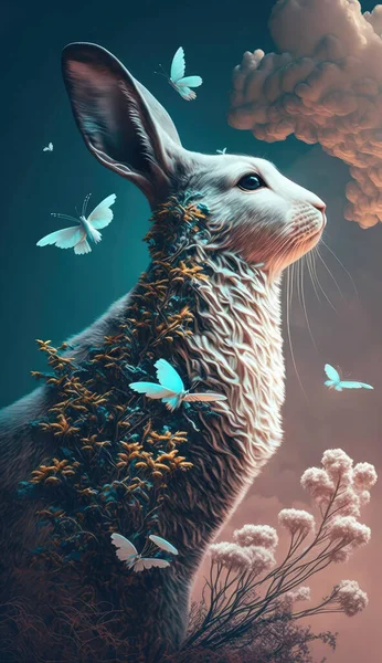 Rabbit illustration vertical, butterfly flying around on a dark pink and blue ombre background. . High quality photo