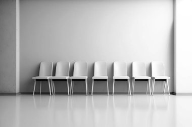 Duvara karşı sıralanmış basit, modern beyaz sandalyeler. Bekleyen insanlar için beyaz sandalyeli bir lobi örneği. Bir poster. 3D oluşturma maketi.