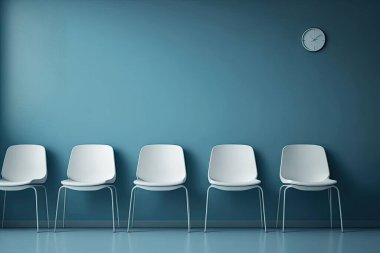 Duvara karşı sıralanmış basit, modern beyaz sandalyeler. Bekleyen insanlar için beyaz sandalyeli bir lobi örneği. Bir poster. 3D oluşturma maketi.