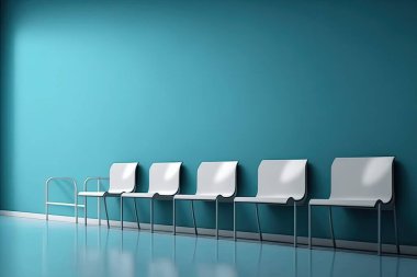 Duvara karşı sıralanmış basit, modern beyaz sandalyeler. Bekleyen insanlar için beyaz sandalyeli bir lobi örneği. Bir poster. 3D oluşturma maketi.