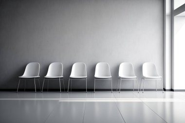 Duvara karşı sıralanmış basit, modern beyaz sandalyeler. Bekleyen insanlar için beyaz sandalyeli bir lobi örneği. Bir poster. 3D oluşturma maketi.
