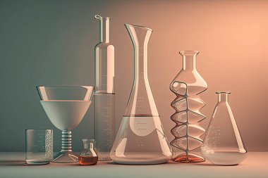 Laboratuvarda açık renkli arkaplanda kimyasal cam koleksiyonu. Gerçekçi 3d illüstrasyon