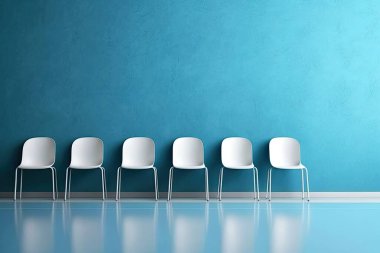 Duvara karşı sıralanmış basit, modern beyaz sandalyeler. Bekleyen insanlar için beyaz sandalyeli bir lobi örneği. Bir poster. 3D oluşturma maketi.