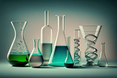 Laboratuvarda açık renkli arkaplanda kimyasal cam koleksiyonu. Gerçekçi 3d illüstrasyon