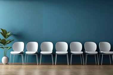 Duvara karşı sıralanmış basit, modern beyaz sandalyeler. Bekleyen insanlar için beyaz sandalyeli bir lobi örneği. Bir poster. 3D oluşturma maketi.