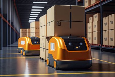AGV forkliftleri ve yüksek rafları olan modern bir depo. 3D otomatik satış deposu AGV robotları karton kutular getiriyor.. 