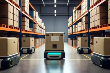 AGV forkliftleri ve yüksek rafları olan modern bir depo. 3D otomatik satış deposu AGV robotları karton kutular getiriyor.. 