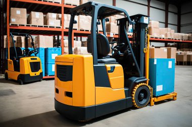 Depo kavramı. Büyük depodaki forklift. 3d illüstrasyon