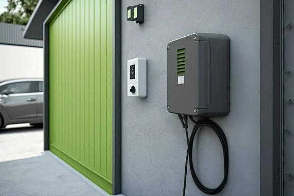 外の灰色の壁に現代的な緑の充電ステーションのイラスト — ストック写真