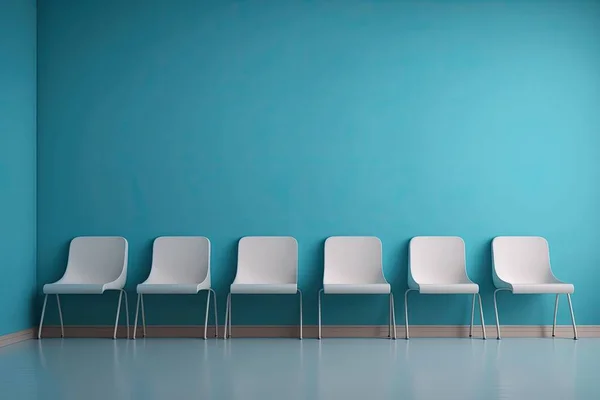 stock image Simple modern white chairs in a row against a wall, example of a lobby with white chairs for people waiting. A poster. 3d rendering mock up.