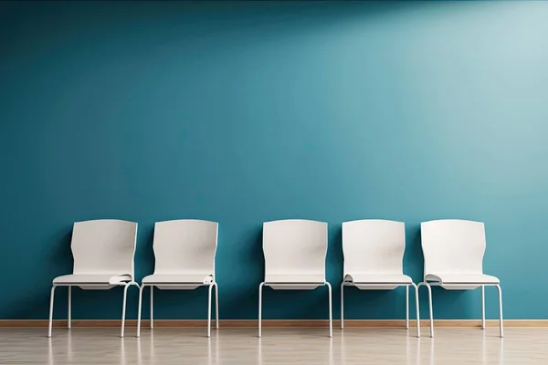 stock image Simple modern white chairs in a row against a wall, example of a lobby with white chairs for people waiting. A poster. 3d rendering mock up.