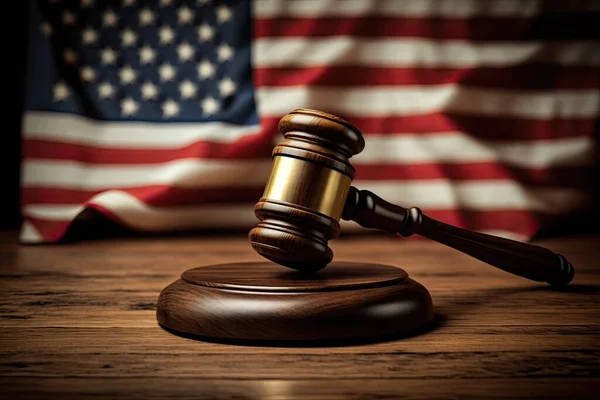 Wooden brown judge gavel, decision glossy mallet for court verdict. 3d realistic image, with American flag in the background. Auction hammer with gold on the stand. Law and justice system symbol. High