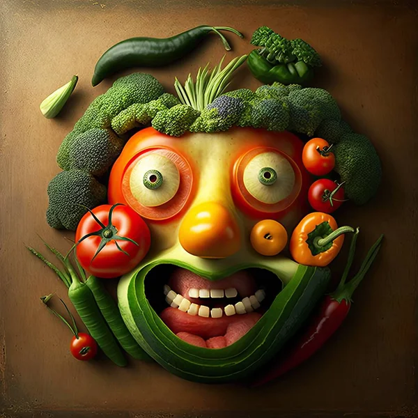 3d render of a smiley face made of fruits and vegetables. Vegetables forming a face on a flat surface, 3d, flat lay, dark background.