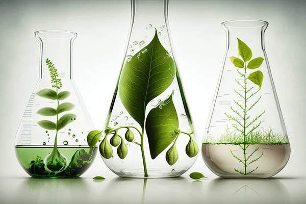 stock image Collection of chemical glassware with plants inside in laboratory on light colored background. Realistic 3d illustration