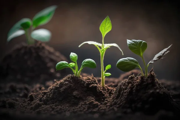 真实的植物生长在土壤中的例证 横断面 根部观点 植物的上部 叶绿色 底色深 3D渲染 生命的象征 — 图库照片