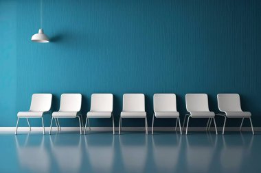 Duvara karşı sıralanmış basit, modern beyaz sandalyeler. Bekleyen insanlar için beyaz sandalyeli bir lobi örneği. Bir poster. 3D oluşturma maketi.