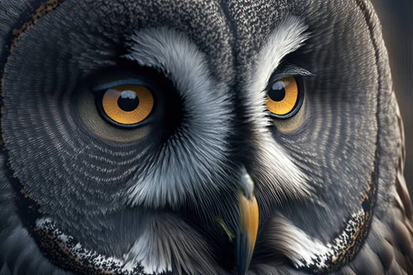 Great grey Owl. Color, graphic portrait of an owl on a black background. Digital drawing. High quality photo