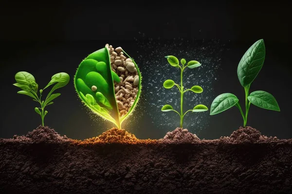 Realistic illustration of plants growing in soil, cross section, view of the roots. Upper part of the plant with green leaves on dark background. 3d render, symbol of life, gardening, ecology.