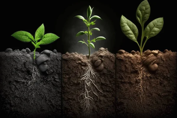 Realistic illustration of plants growing in soil, cross section, view of the roots. Upper part of the plant with green leaves on dark background. 3d render, symbol of life, gardening, ecology.