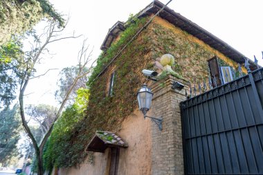 Üzerinde yeşil sarmaşık büyüyen büyük bir tuğla bina. Binanın önünde siyah bir kapı var.