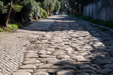 Arka planda birkaç ağaç olan taştan bir yol. Yol boş ve üzerinde ne insan ne de araba var.