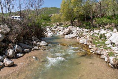 Kenarında beyaz bir araba olan bir nehir.