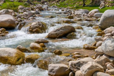 İçinde bir sürü taş olan bir nehir. Su temiz ve kayalar nehrin dört bir yanına dağılmış.