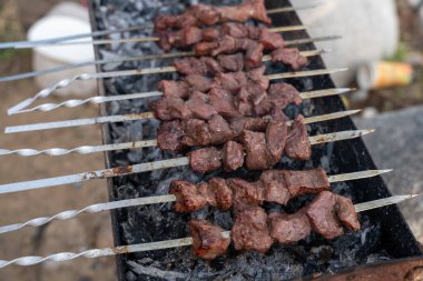 Izgarada bir et şişi pişiyor. Et kahverengi ve o iyi pişmiş.