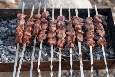 Izgarada bir et şişi pişiyor. Et kahverengi ve kömürleşmiş bir tadı var.