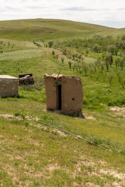 Küçük bir kulübe bir çim tarlasında oturuyor. Kulübe çamurdan yapılmış ve küçük bir kapısı var. Alan yemyeşil ve yemyeşil, arka planda ağaçlar var.