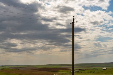 Gökyüzü bulutlu bir tarlada duran uzun bir elektrik direği