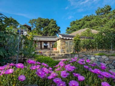 Taş duvarlı güzel bir bahçe ve çatılı bir ev. Bahçe mor çiçeklerle dolu ve arka planda küçük bir ev var.